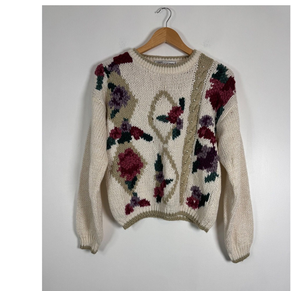 Vintage 90s Nuggets Womens Medium Sweater Cream Floral Pearl Cable Knit Ramie